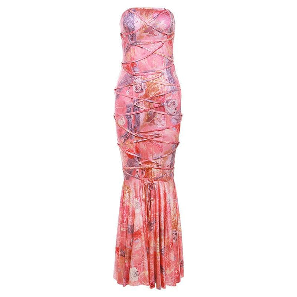 Lace up flower print contrast backless tube maxi dress