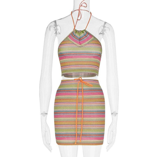 Ensemble jupe dos nu à rayures contrastées en tricot avec cordon de serrage