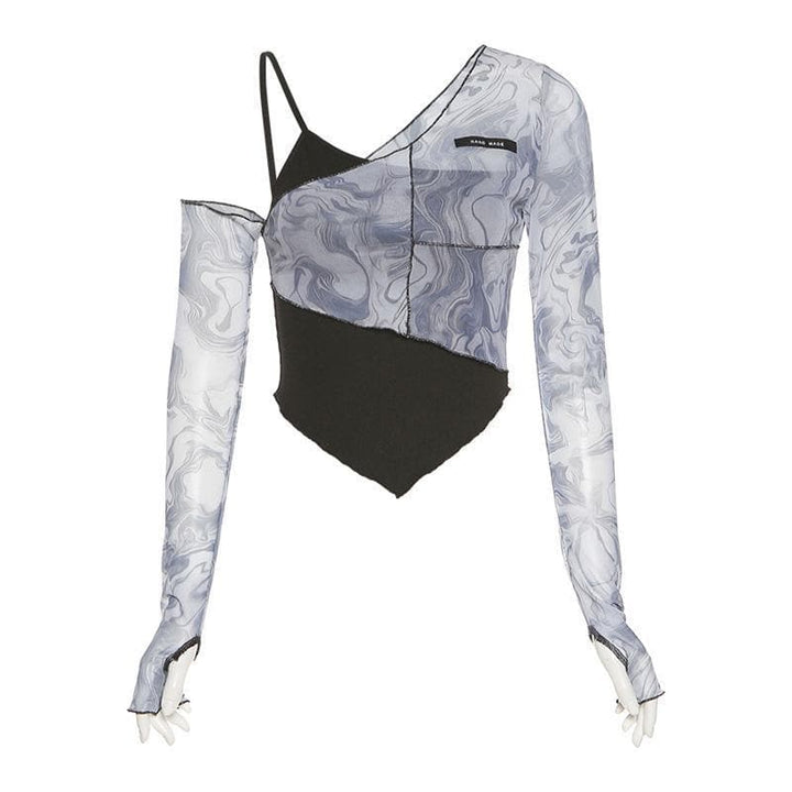 Long sleeve mesh irregular ruffled crop top - Halibuy