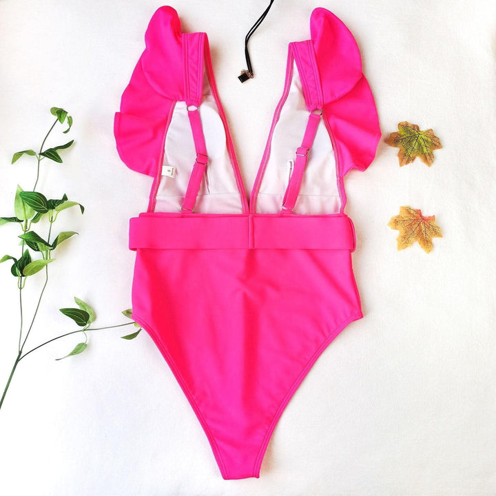 V neck ruffled one piece swimwear - Halibuy