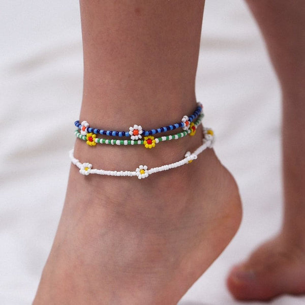Bracelet de cheville multicolore en perles de fleurs 