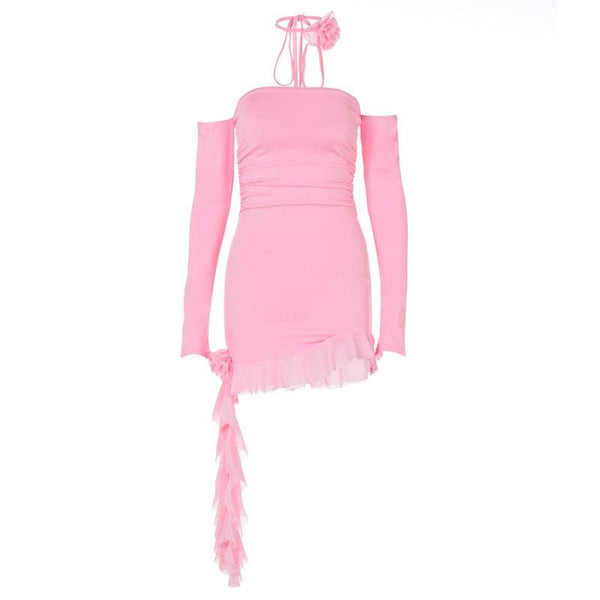 Robe mini froncée à manches longues et épaules dénudées avec appliques florales 