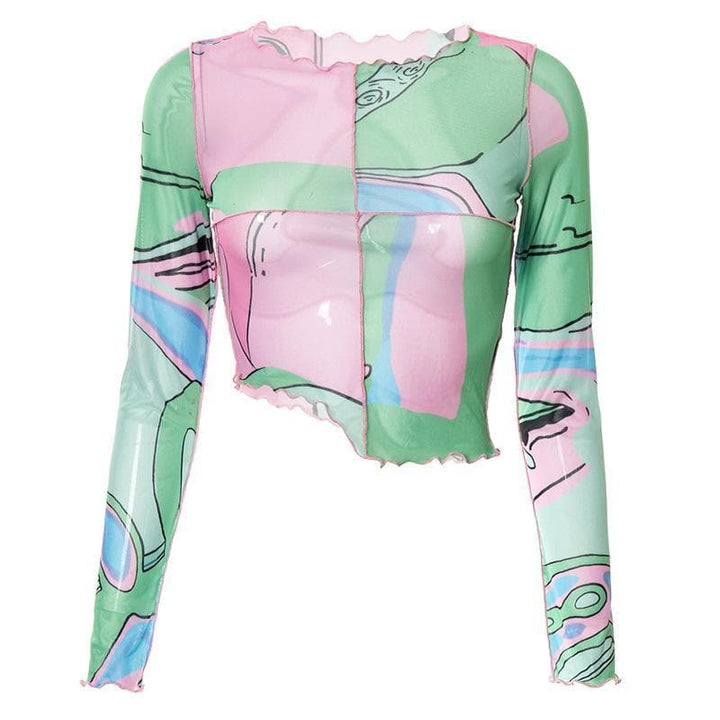 Ruffled see through patchwork irregular long sleeve crop top - Halibuy