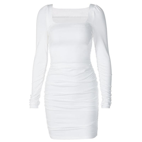 Long sleeve solid square neck ruched mini dress