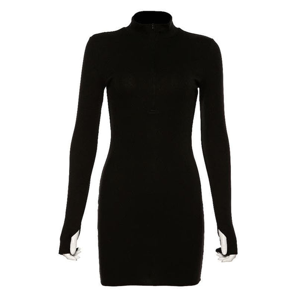 Mini-robe unie à manches longues et col montant avec fermeture éclair 
