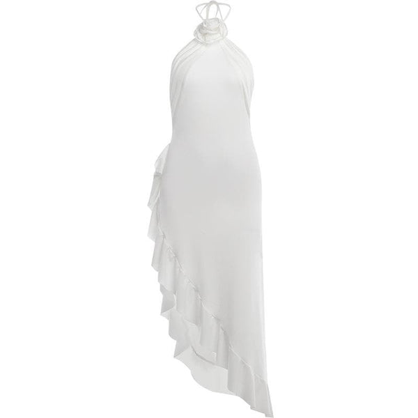 Robe midi irrégulière à volants et appliques de fleurs unies, dos nu 
