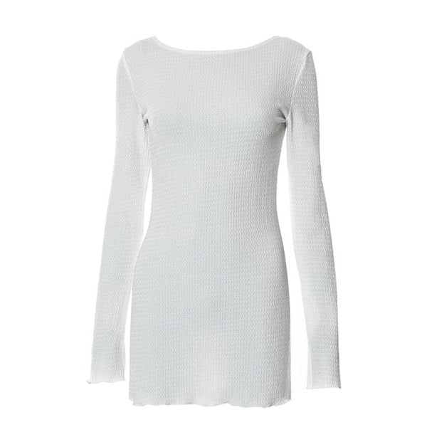 Mini-robe texturée unie à volants et manches longues, dos nu et à nouer soi-même