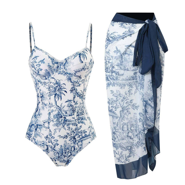 Maillot de bain une pièce à imprimé contrasté, col en V, dos nu, avec jupe de plage