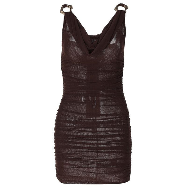 Robe courte camisole dos nu en maille transparente avec col bénitier et anneau en O froncé | robe samba 