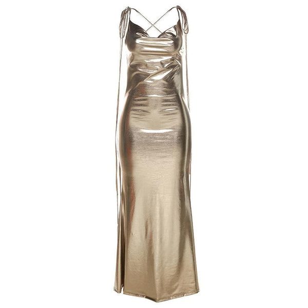 Robe longue froncée à col bénitier métallique et dos croisé 