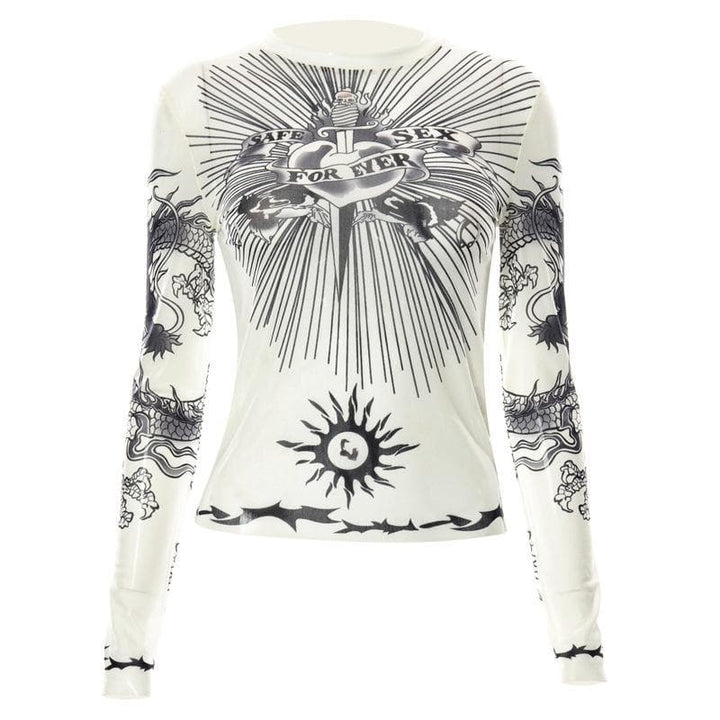 Long sleeve crewneck mesh see through print top - Halibuy