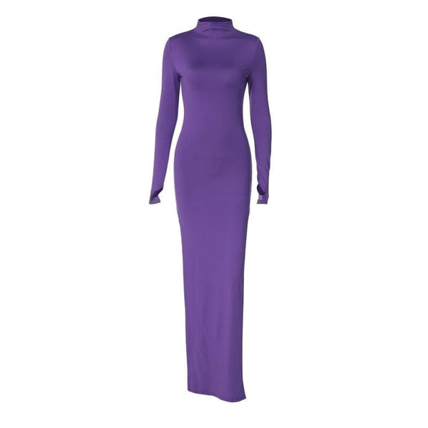 Robe longue irrégulière à manches longues et col haut avec gants unis 