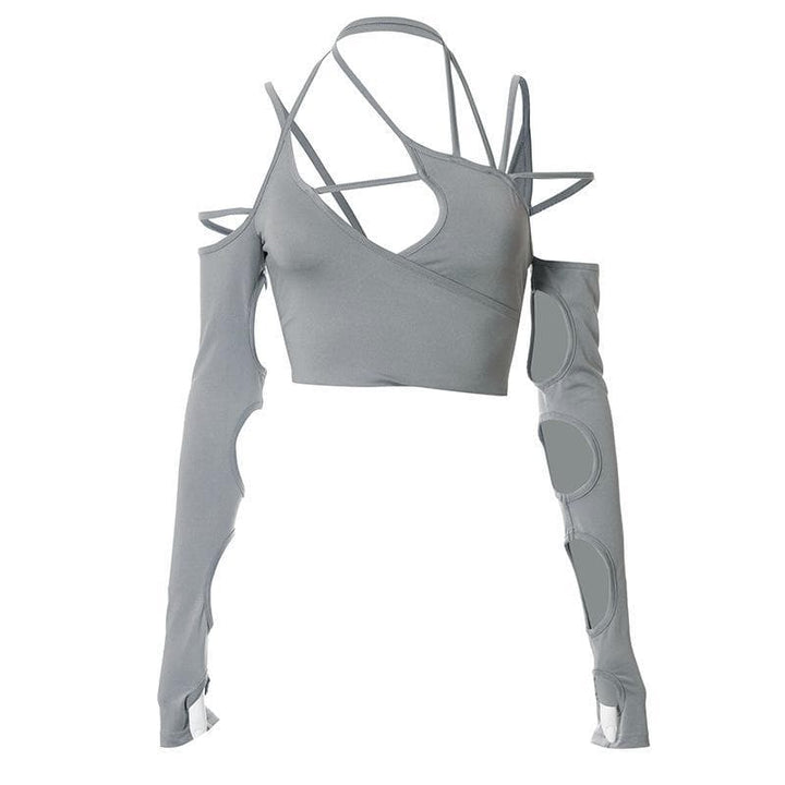 Hollow out long sleeve off shoulder irregular crop top - Halibuy