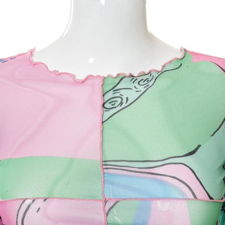 Ruffled see through patchwork irregular long sleeve crop top - Halibuy