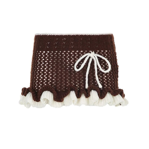 Mini-jupe taille basse en crochet contrasté à volants 