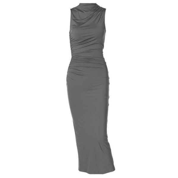 Robe midi fendue sans manches à col roulé et froncée 