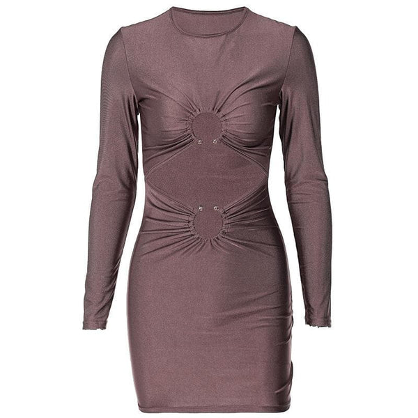Robe mini à manches longues, froncée et ajourée avec anneau en O