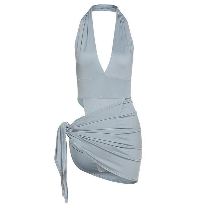 Halter V Neck knotted Ruched Bodycon Dress - Halibuy