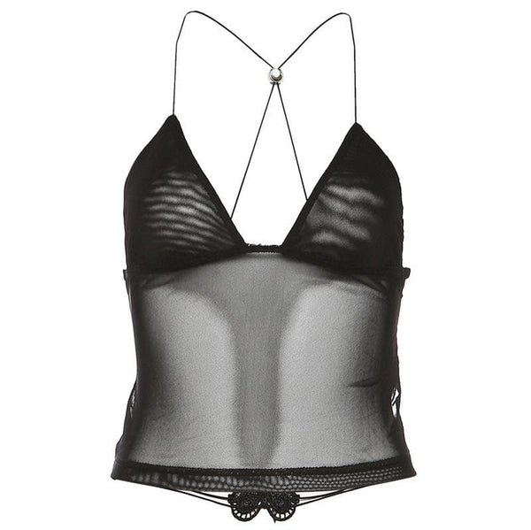 Haut uni en maille transparente avec applique papillon et dos nu 