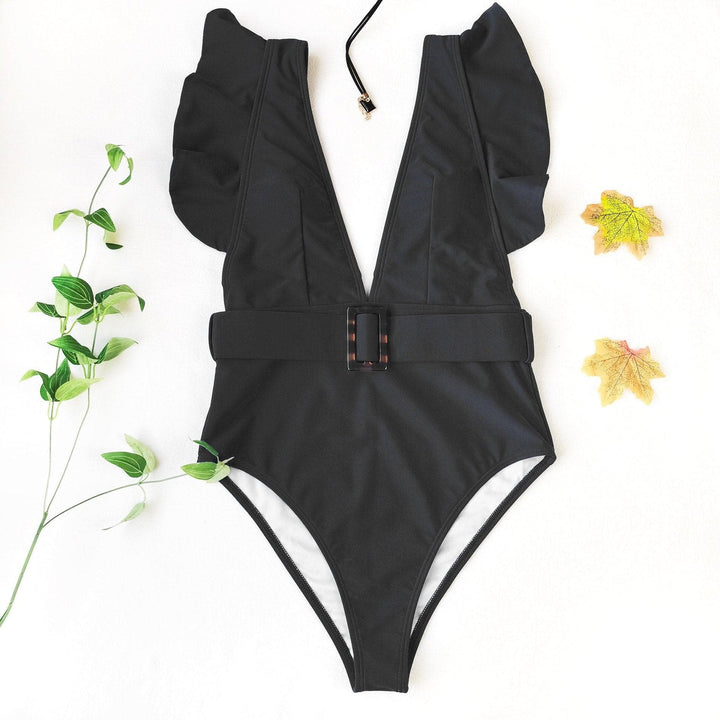 V neck ruffled one piece swimwear - Halibuy
