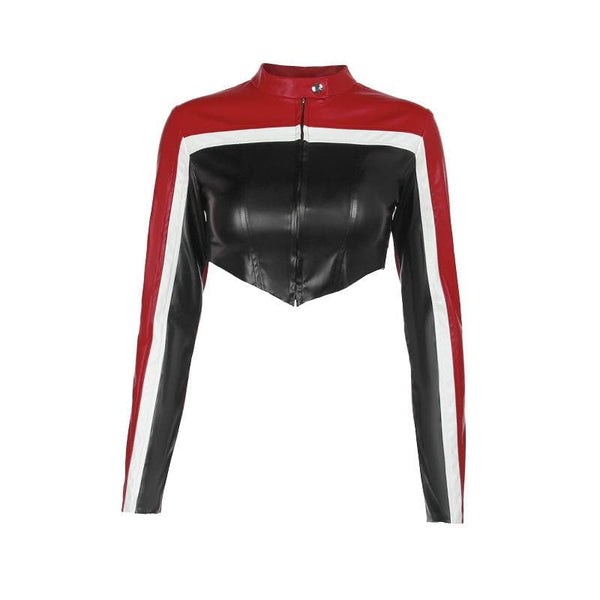 Veste en cuir PU à manches longues et fermeture éclair contrastée sur le dessus