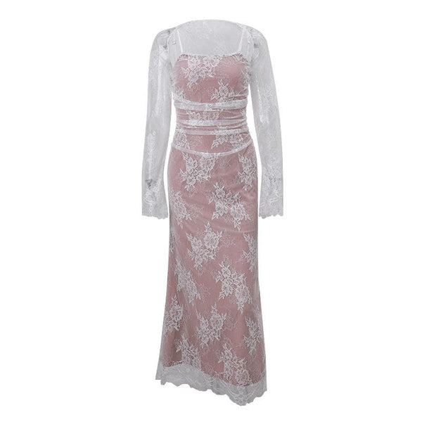 Robe midi 2 pièces à manches longues et froncée en dentelle 