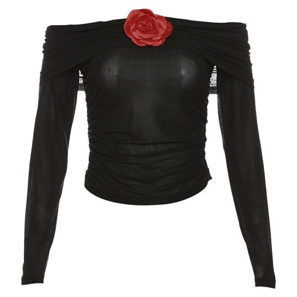 See through flower applique off shoulder ruched long sleeve top