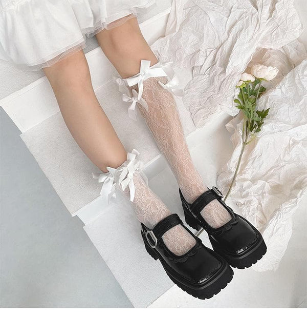 Chaussettes hautes en satin avec nœud en dentelle transparente 