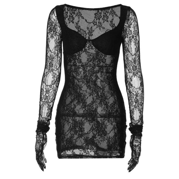Robe mini transparente à col en cœur et manches longues avec gants en dentelle 