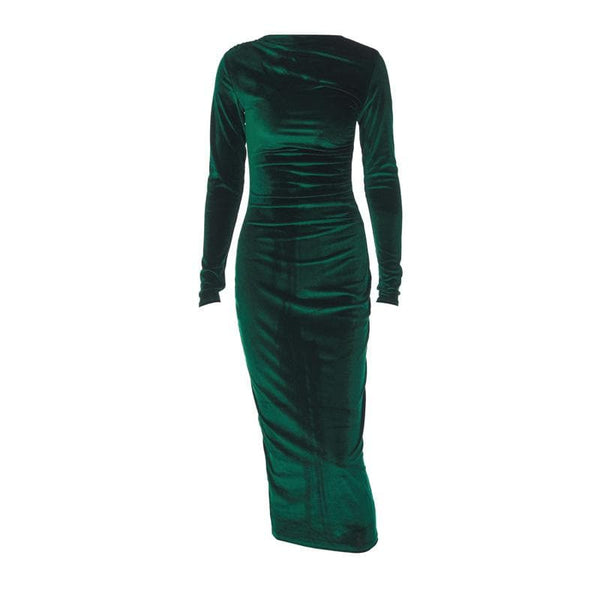 Robe midi froncée en velours uni à manches longues 