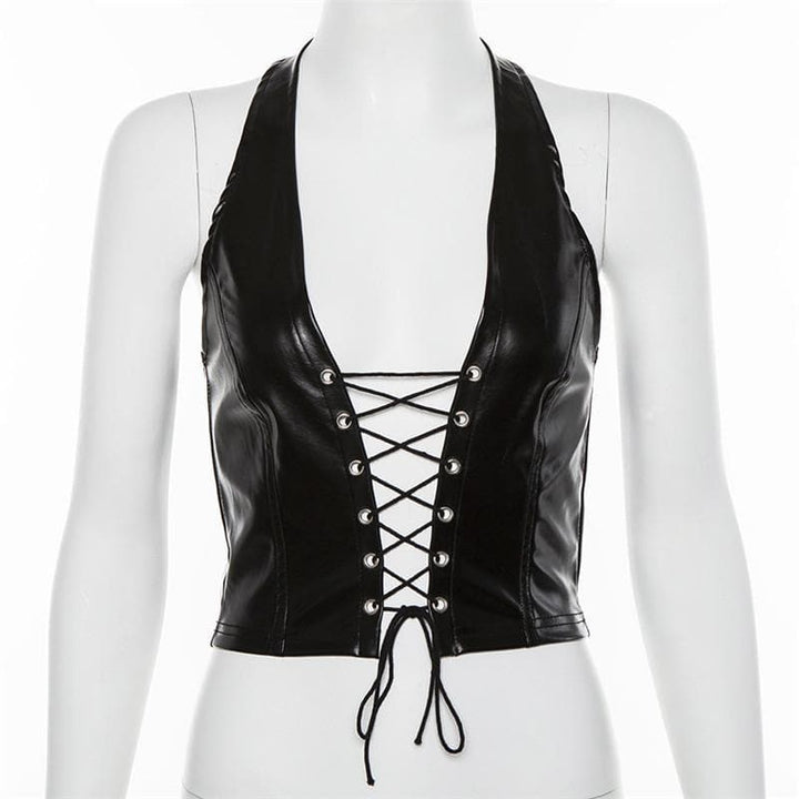 Lace up front halter backless PU top - Halibuy