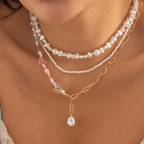 Collier avec pendentif en fausses perles irrégulières, lot de 3 pièces 