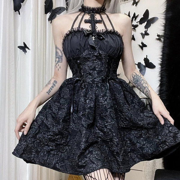 Textured cross applique ruffle halter zip-up lace up mini dress  | black rave dress