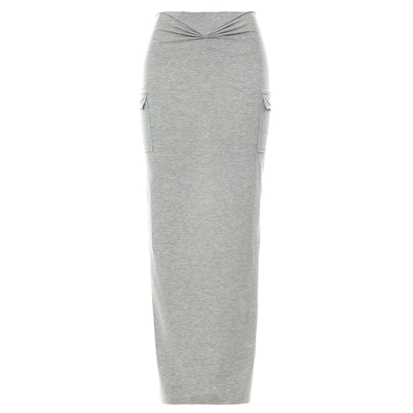 Ruched slit solid pocket high rise midi skirt