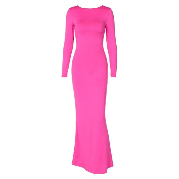 Robe longue froncée unie à manches longues et dos nu avec lacets | Robe de tango rouge 