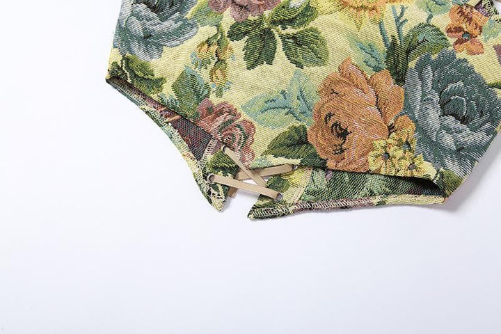 Print bow tie lace up bustier crop top - Halibuy