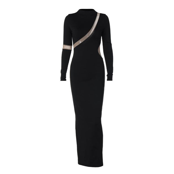 Robe longue fendue à manches longues et patchwork en maille irrégulière contrastée 