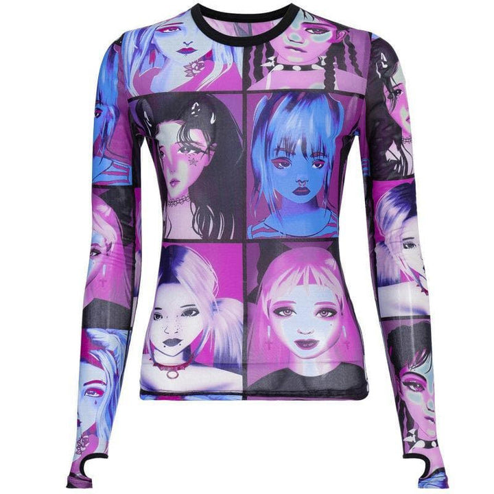 Crewneck long sleeve print mesh see-through top - Halibuy