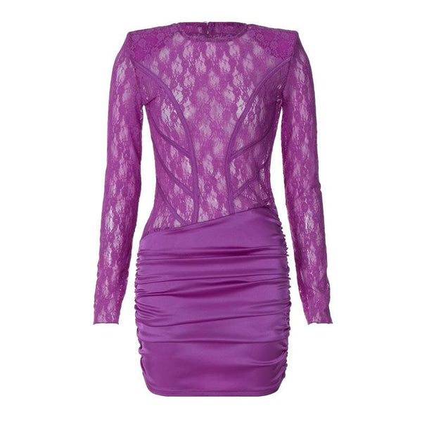 Robe mini à manches longues en dentelle transparente et satin froncé 