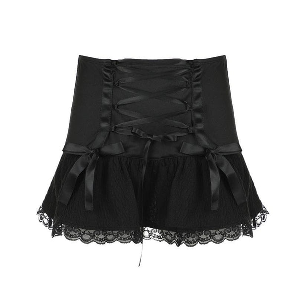 Mini-jupe taille basse à lacets et ourlet en dentelle froncé avec nœud papillon uni 
