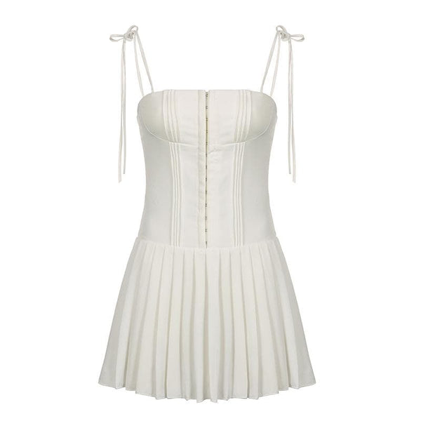 Mini-robe plissée unie avec boutons corset et fermeture éclair à nouer