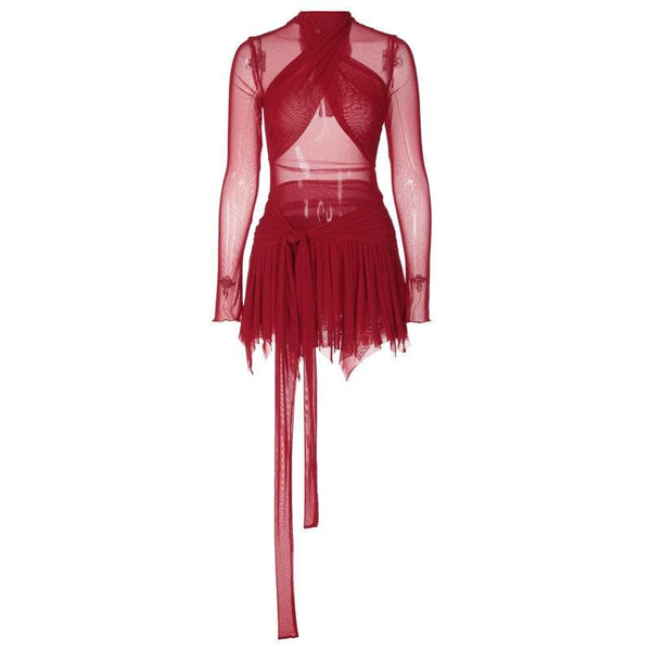 Robe courte à manches longues et volants, dos nu croisé, en maille transparente | Robe de tango rouge | Robe de samba | Robe de rave noire 
