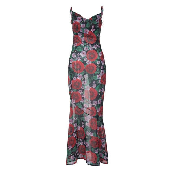 Robe longue à col bénitier et imprimé fleuri, fermeture éclair contrastée, dos nu | robe tango rouge 