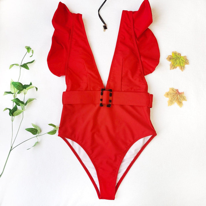 V neck ruffled one piece swimwear - Halibuy