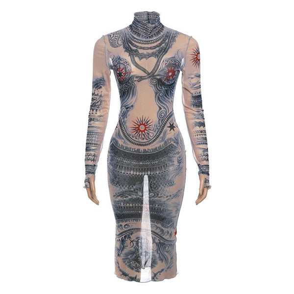 Sheer mesh see through abstract contrast print long sleeve gloves midi dress  | samba dress