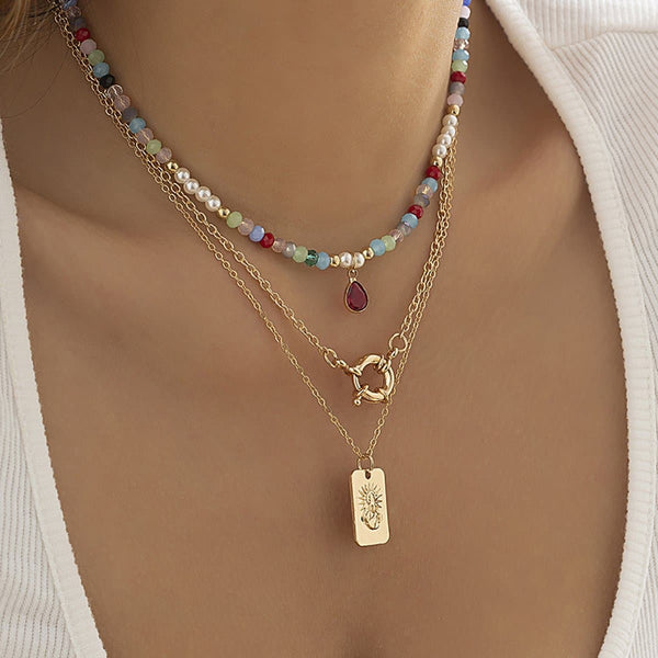 Collier ras du cou avec pendentif multicolore en perles, 3 pièces 