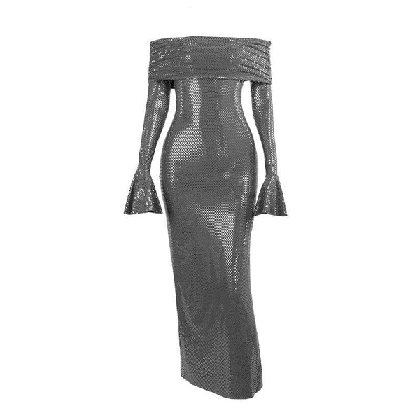 Robe longue froncée texturée à épaules dénudées et manches longues évasées 