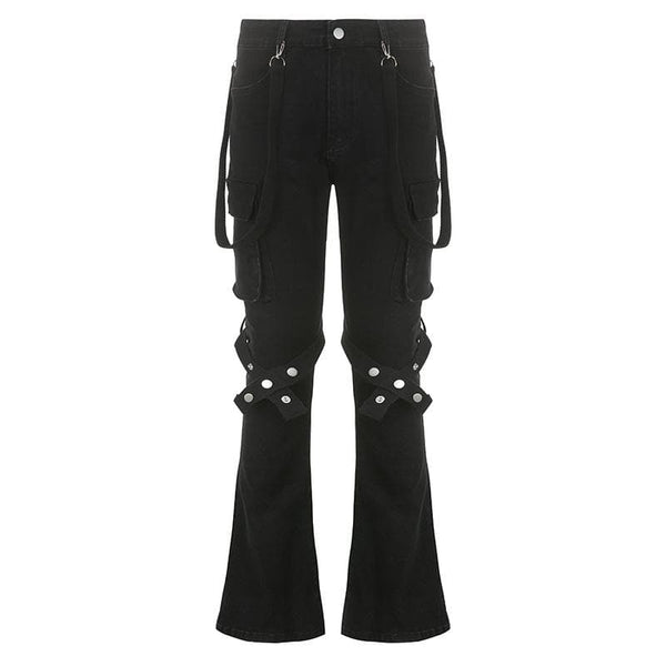 Jean taille basse uni avec poches cargo boutonnées et ruban 