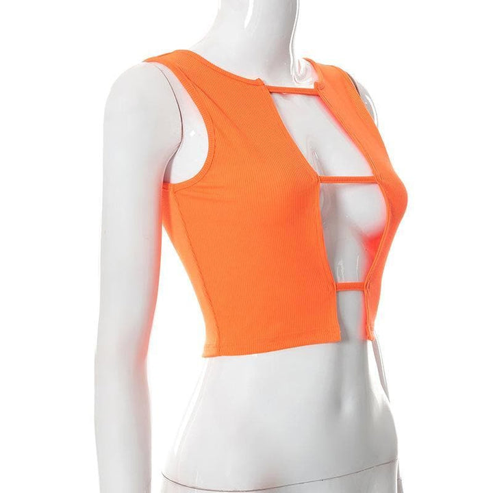 Hollow out sleeveless ribbed solid crop top - Halibuy