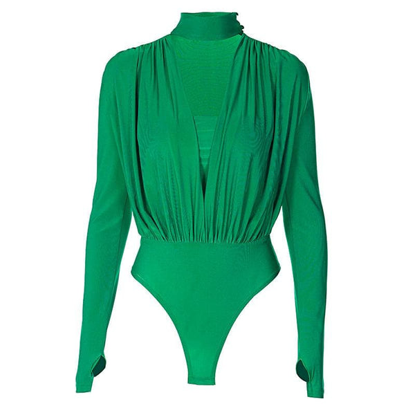 V neck solid ruched gloves high neck long sleeve bodysuit